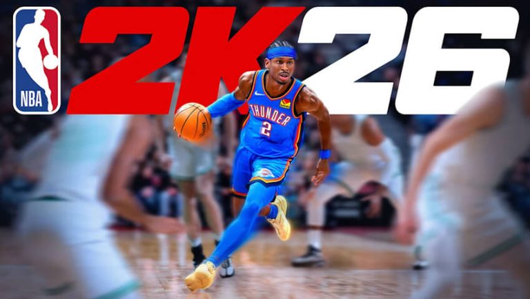 پوستر بازی NBA 2K26 مرد سیاه پوشت لباس آبی رنگ با توپ بسکتبال