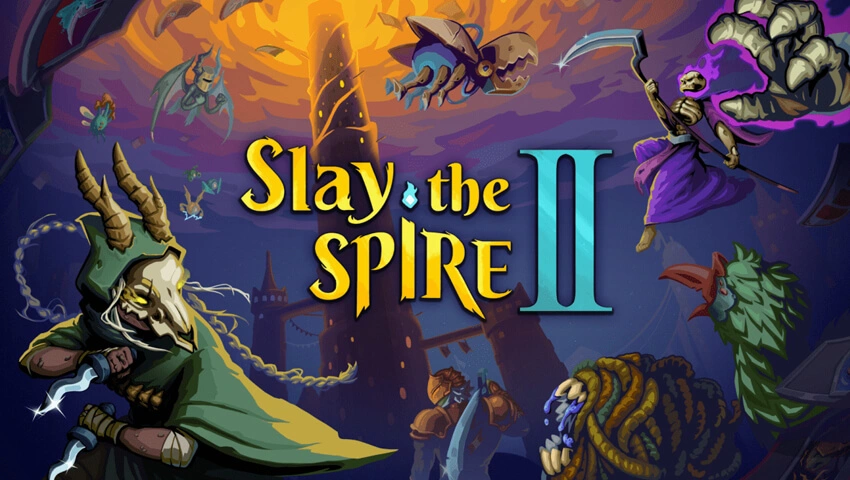 پوستر بازی Slay the Spire 2، با نمایش شخصیت‌های کلیدی مانند Ironclad (با نقاب قرمز)، Silent (با ماسک اسکلت حیوان)، و Defect (موجود گوی‌شکل) در پس‌زمینهٔ برجی در حال فروپاشی