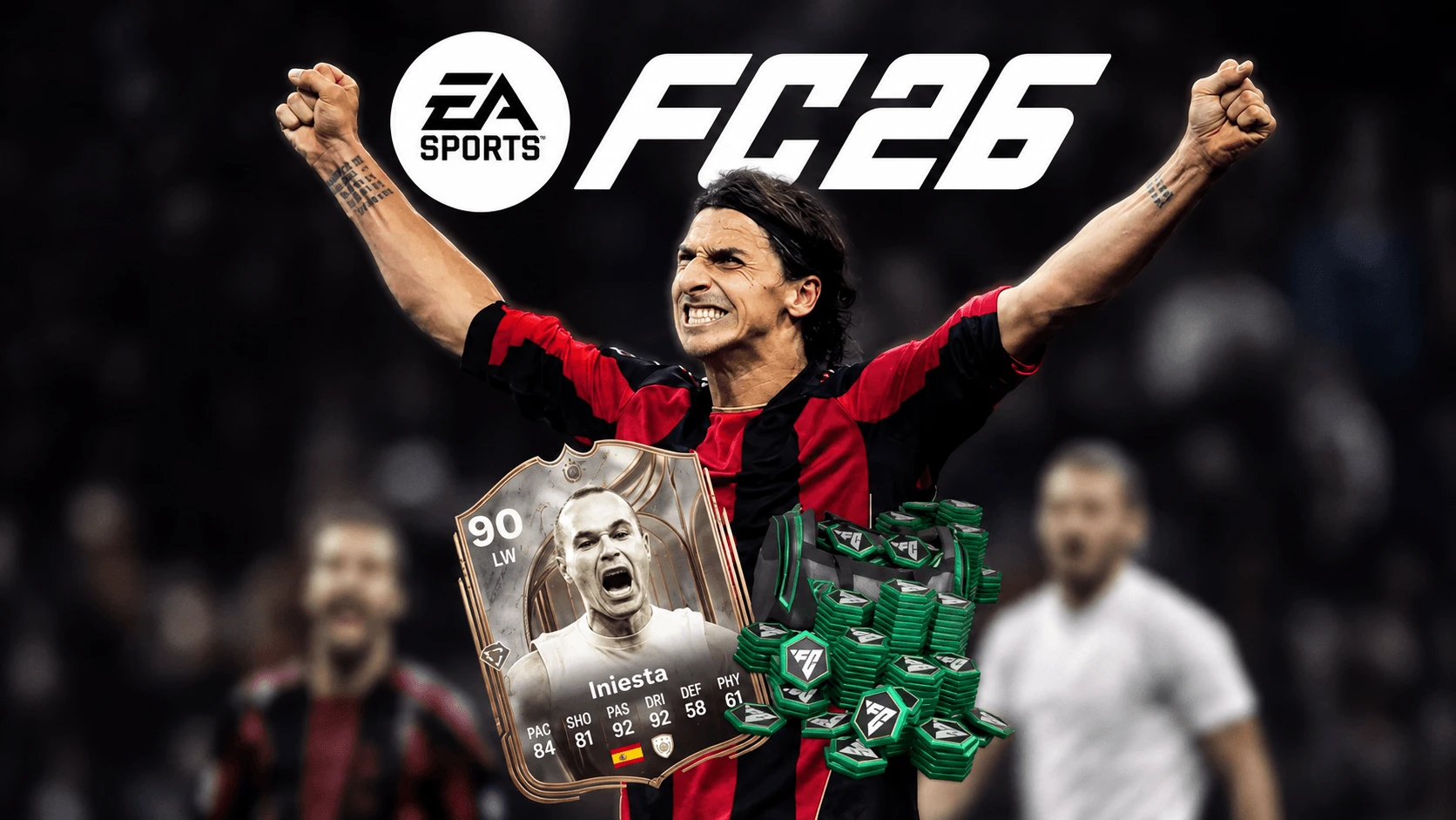 فوتبالیست در حال شادی با لوگوی EA SPORTS FC26، کارت اینیستا و FC Points.